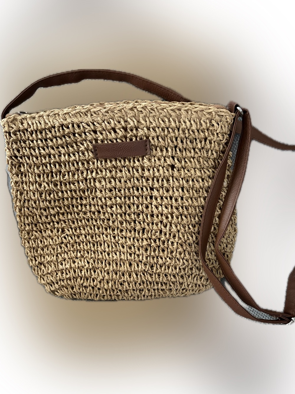 Woven Straw Crossbody Bag with Brown Leather Strap